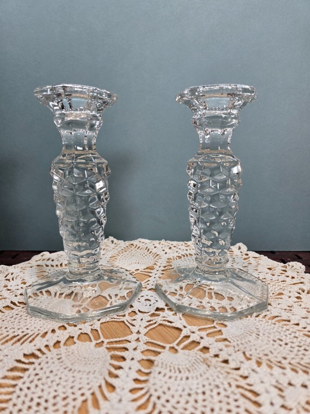 2 Vintage Fostoria American Clear Glass Octagonal Base Candlestick Holders